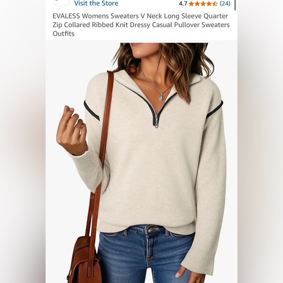 Evaless off white  Quarter Zip Pullover sweater with Colorblock Trim- XL - Picture 2 of 10